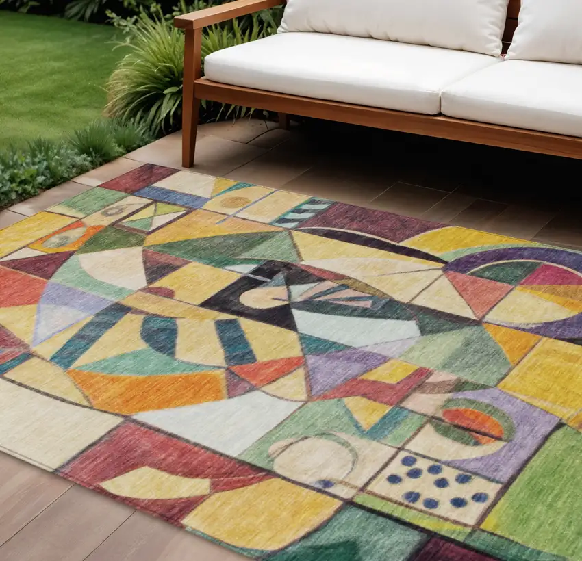 Gold Purple Orange And Blue Abstract Washable Indoor Outdoor Area Rug Photo 2