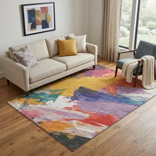Gold Purple Teal And Red Abstract Washable Area Rug With UV Protection Photo 1