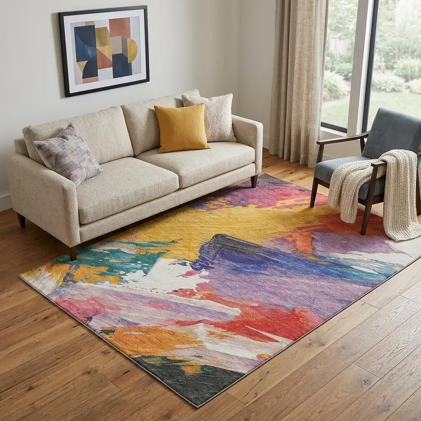 Gold Purple Teal And Red Abstract Washable Area Rug With UV Protection Photo 1