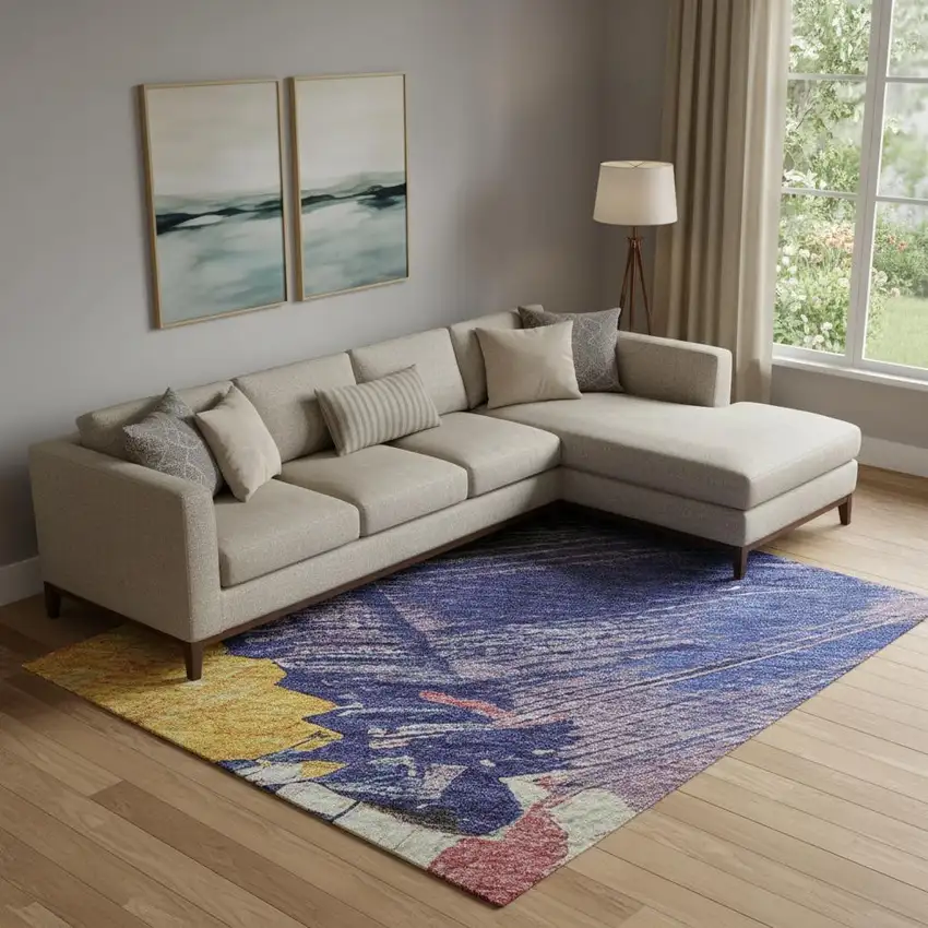 Gold Purple Teal And Red Abstract Washable Area Rug With UV Protection Photo 2