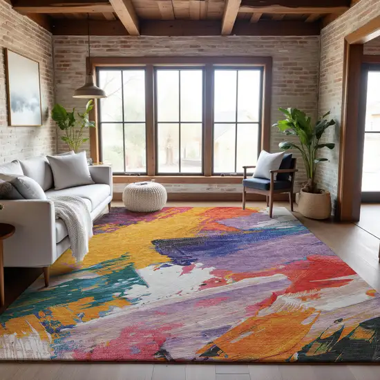 Gold Purple Teal And Red Abstract Washable Area Rug With UV Protection Photo 4