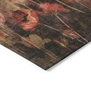 Photo of Gold Red And Brown Floral Washable Indoor Outdoor Area Rug