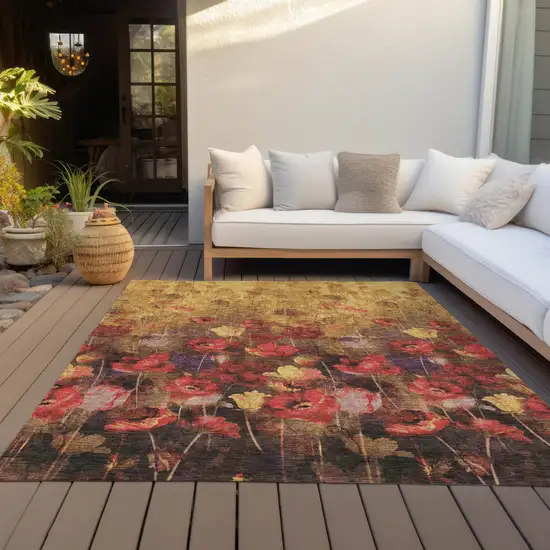 Gold Red And Brown Floral Washable Indoor Outdoor Area Rug Photo 8