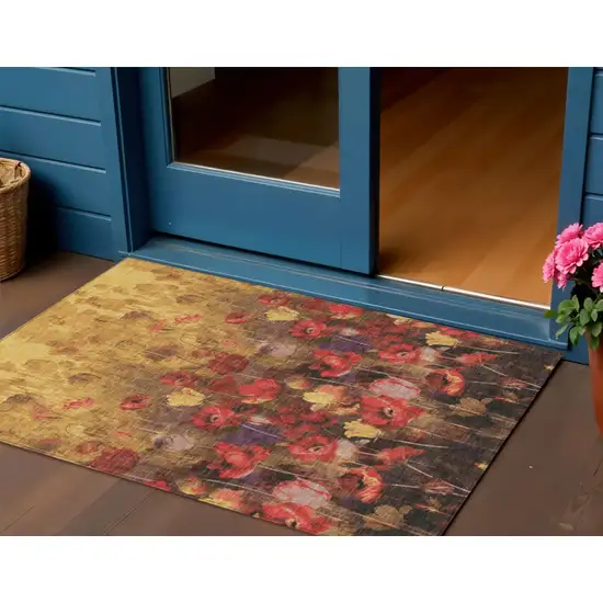 Gold Red And Brown Floral Washable Indoor Outdoor Area Rug Photo 1