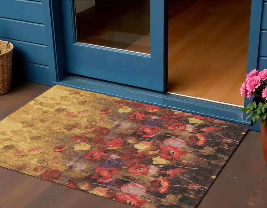Gold Red And Brown Floral Washable Indoor Outdoor Area Rug Photo 1