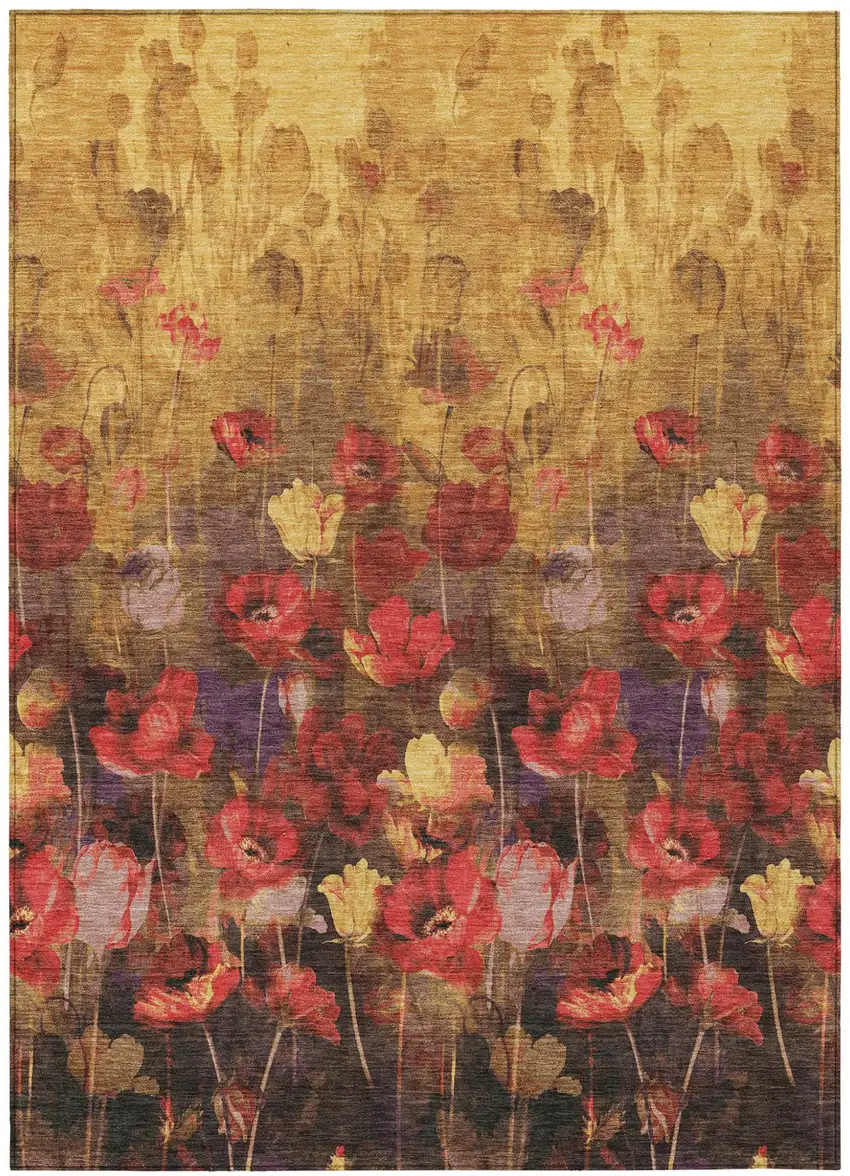 Gold Red And Brown Floral Washable Indoor Outdoor Area Rug Photo 2