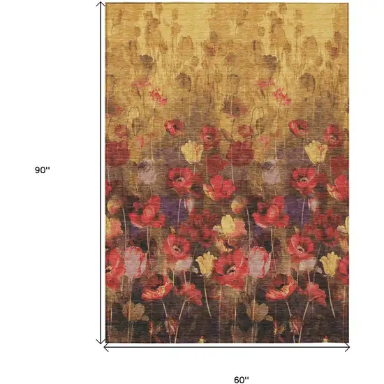 Gold Red And Brown Floral Washable Indoor Outdoor Area Rug Photo 7