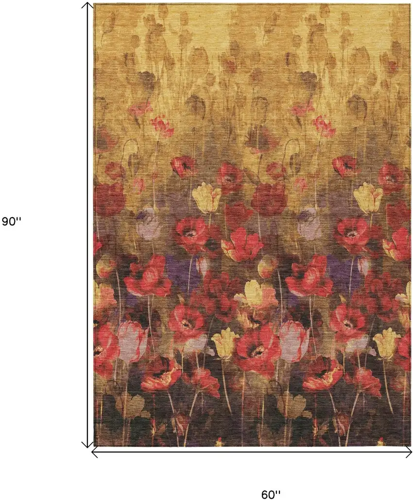 Gold Red And Brown Floral Washable Indoor Outdoor Area Rug Photo 7