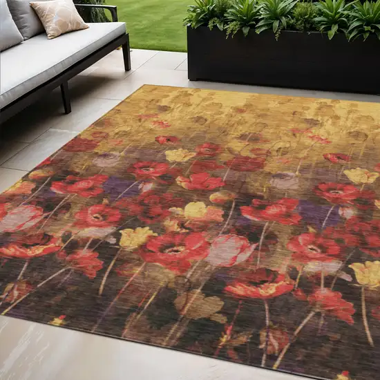 Gold Red And Brown Floral Washable Indoor Outdoor Area Rug Photo 1
