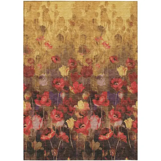 Gold Red And Brown Floral Washable Indoor Outdoor Area Rug Photo 2
