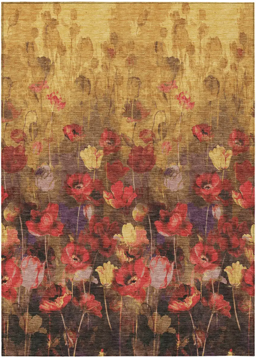 Gold Red And Brown Floral Washable Indoor Outdoor Area Rug Photo 2