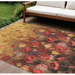 Photo of Gold Red And Brown Floral Washable Indoor Outdoor Area Rug