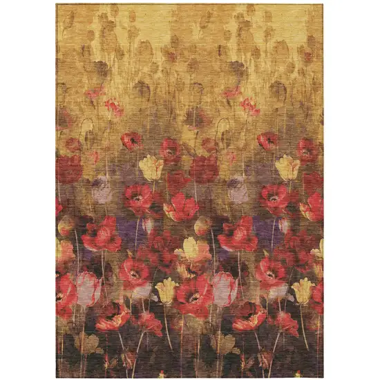 Gold Red And Brown Floral Washable Indoor Outdoor Area Rug Photo 2