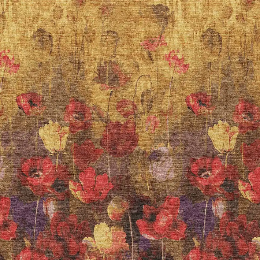 Gold Red And Brown Floral Washable Indoor Outdoor Area Rug Photo 6