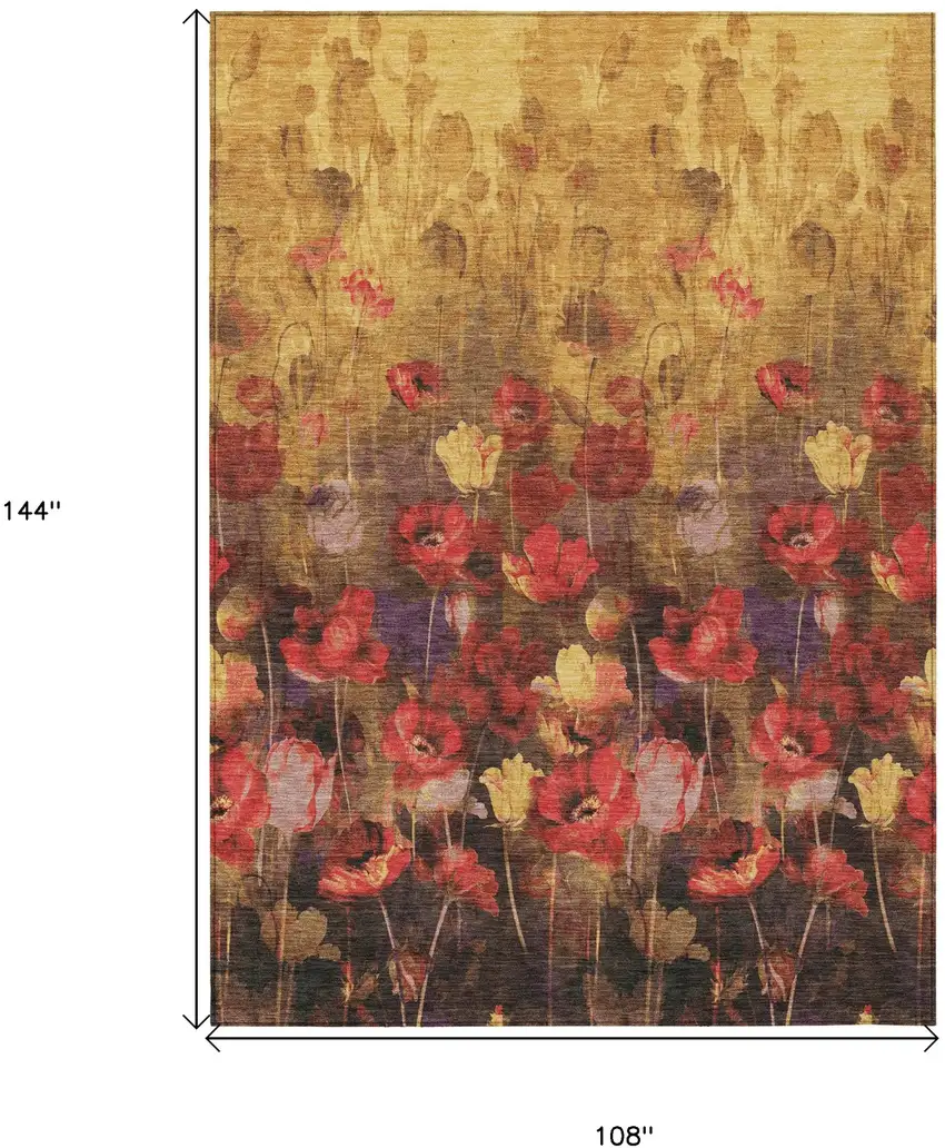Gold Red And Brown Floral Washable Indoor Outdoor Area Rug Photo 3