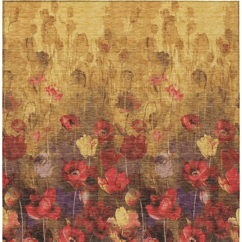 Gold Red And Brown Floral Washable Indoor Outdoor Area Rug Photo 7