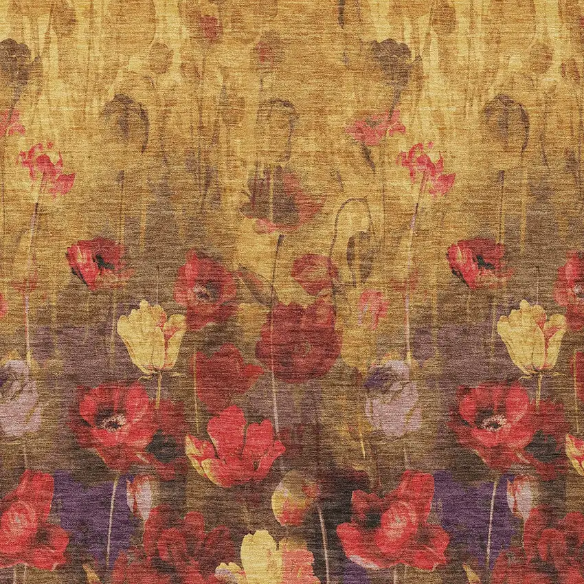 Gold Red And Brown Floral Washable Indoor Outdoor Area Rug Photo 6