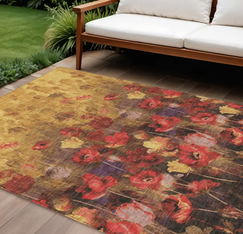 Gold Red And Brown Floral Washable Indoor Outdoor Area Rug Photo 1
