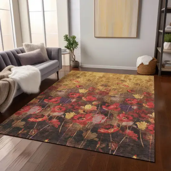 Gold Red And Brown Floral Washable Indoor Outdoor Area Rug Photo 9