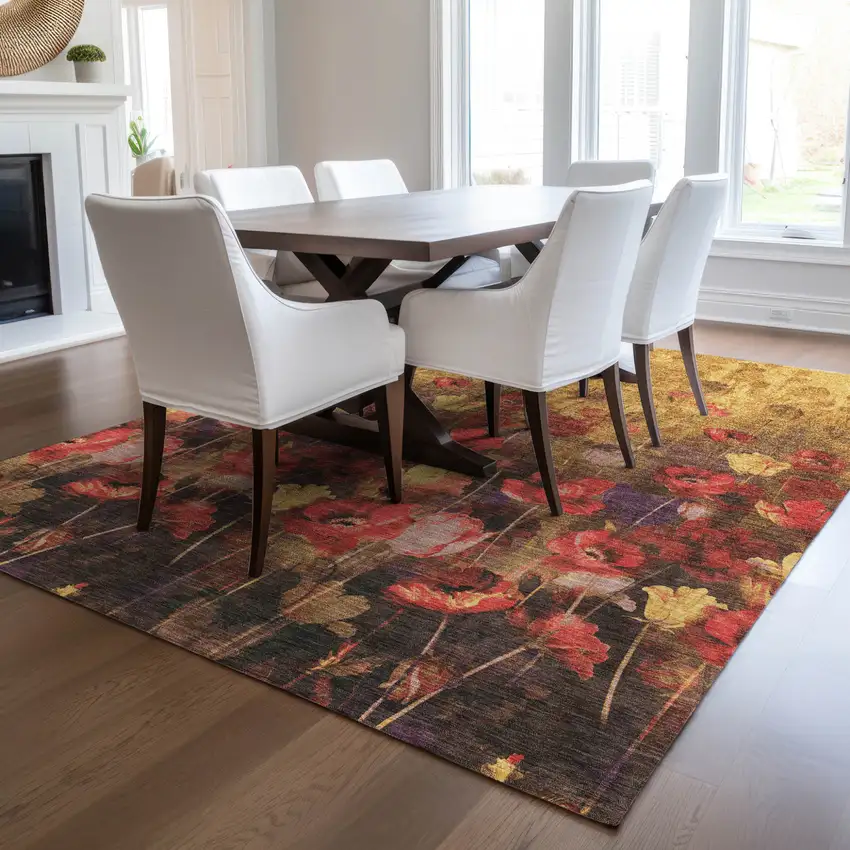 Gold Red And Brown Floral Washable Indoor Outdoor Area Rug Photo 9