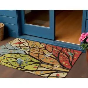 Photo of Gold Red And Green Botanical Leaves Washable Indoor Outdoor Area Rug