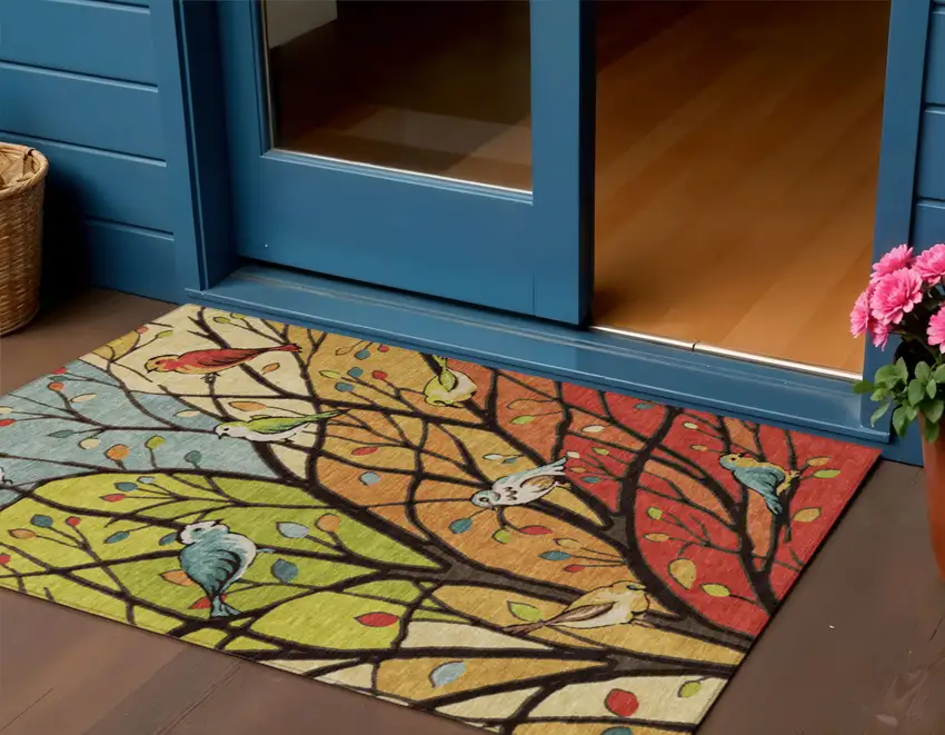 Gold Red And Green Botanical Leaves Washable Indoor Outdoor Area Rug Photo 1