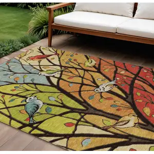 Photo of Gold Red And Green Botanical Leaves Washable Indoor Outdoor Area Rug