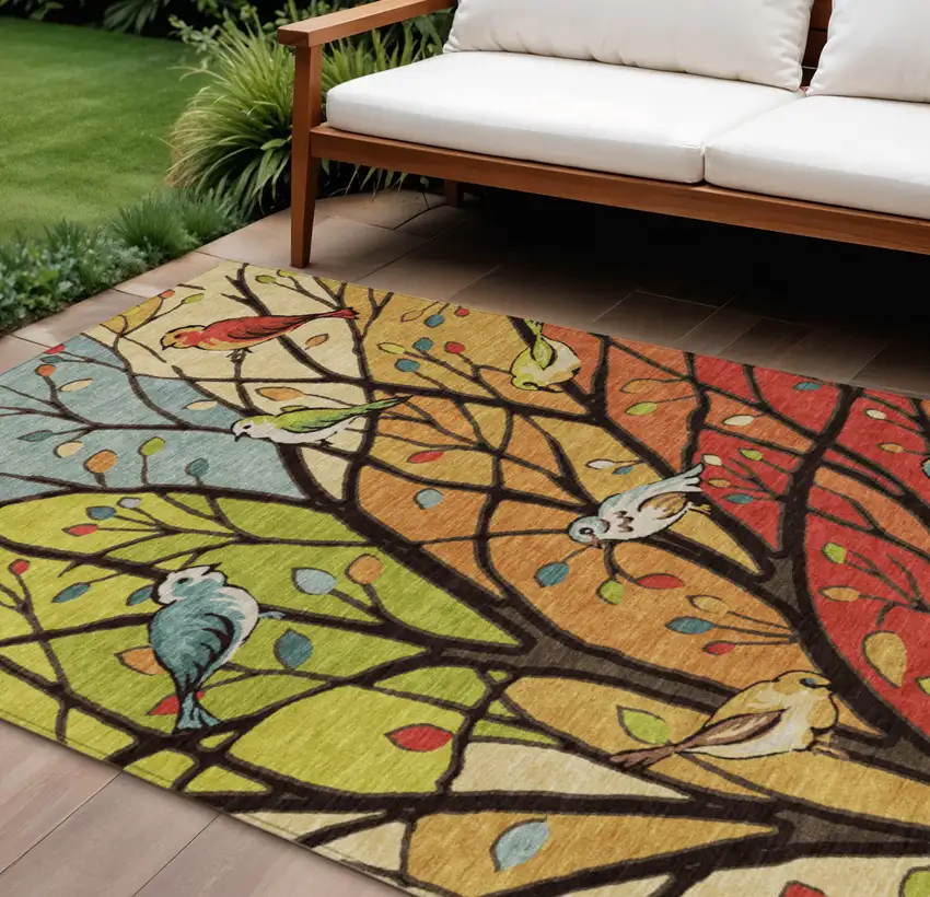 Gold Red And Green Botanical Leaves Washable Indoor Outdoor Area Rug Photo 1