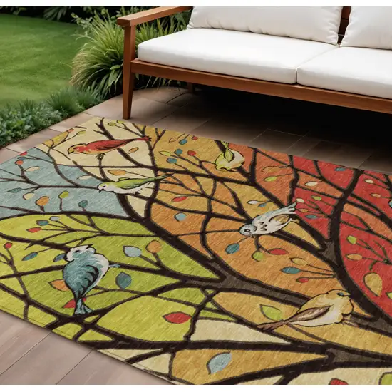Gold Red And Green Botanical Leaves Washable Indoor Outdoor Area Rug Photo 1