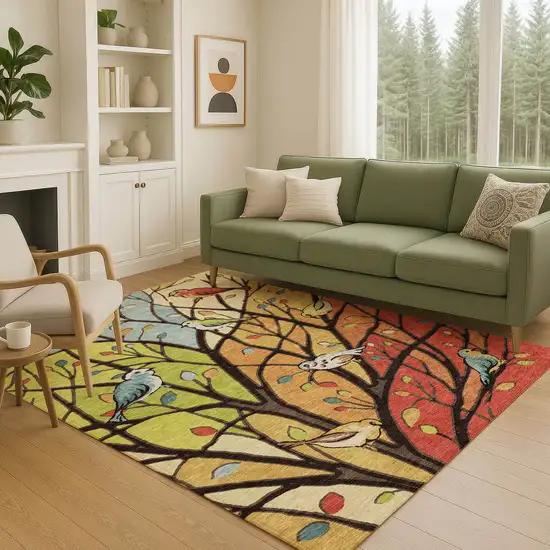 Gold Red And Green Botanical Leaves Washable Indoor Outdoor Area Rug Photo 9