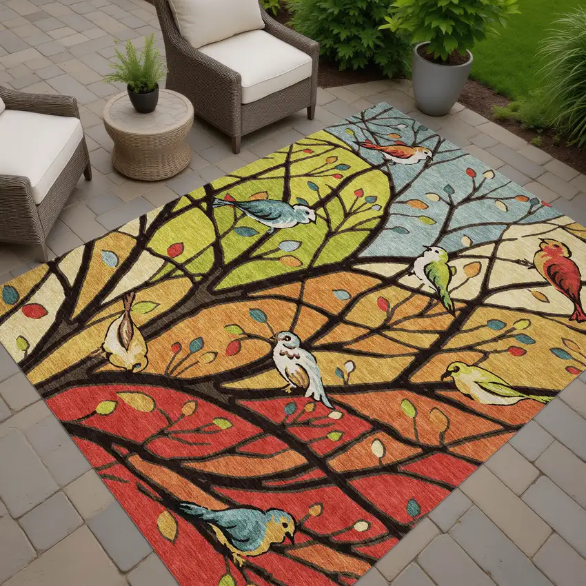 Gold Red And Green Botanical Leaves Washable Indoor Outdoor Area Rug Photo 9