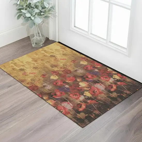 Gold Red And Yellow Floral Washable Area Rug With UV Protection Photo 2