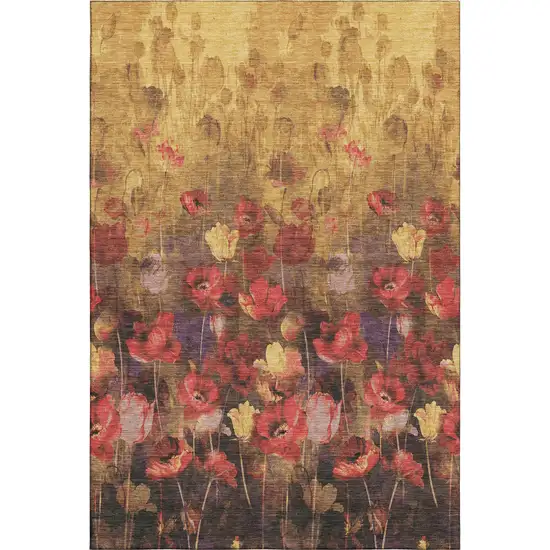 Gold Red And Yellow Floral Washable Area Rug With UV Protection Photo 1