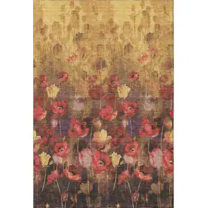 Photo of Gold Red And Yellow Floral Washable Area Rug With UV Protection