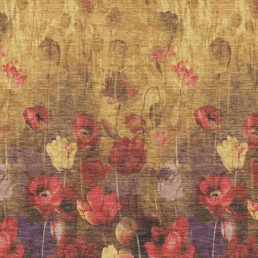 Gold Red And Yellow Floral Washable Area Rug With UV Protection Photo 2