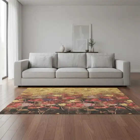 Gold Red And Yellow Floral Washable Area Rug With UV Protection Photo 2