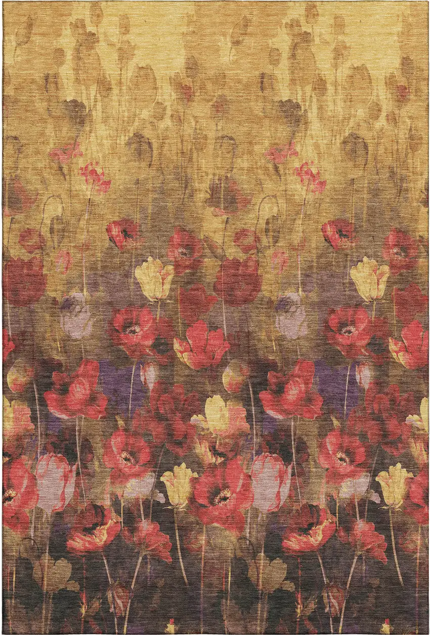 Gold Red And Yellow Floral Washable Area Rug With UV Protection Photo 1