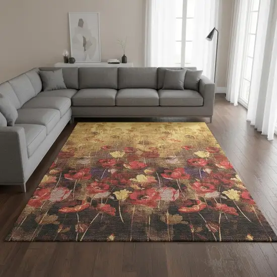 Gold Red And Yellow Floral Washable Area Rug With UV Protection Photo 2