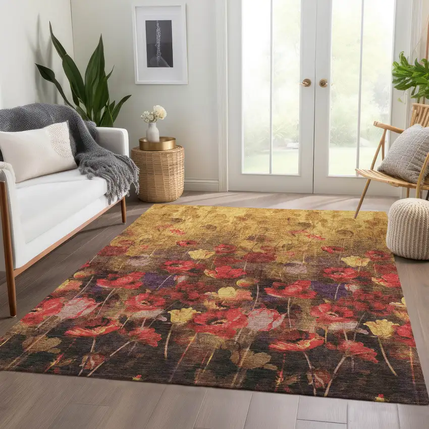 Gold Red And Yellow Floral Washable Area Rug With UV Protection Photo 5