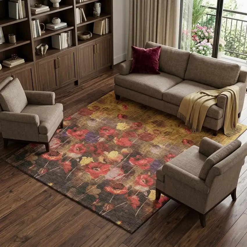 Gold Red And Yellow Floral Washable Area Rug With UV Protection Photo 1