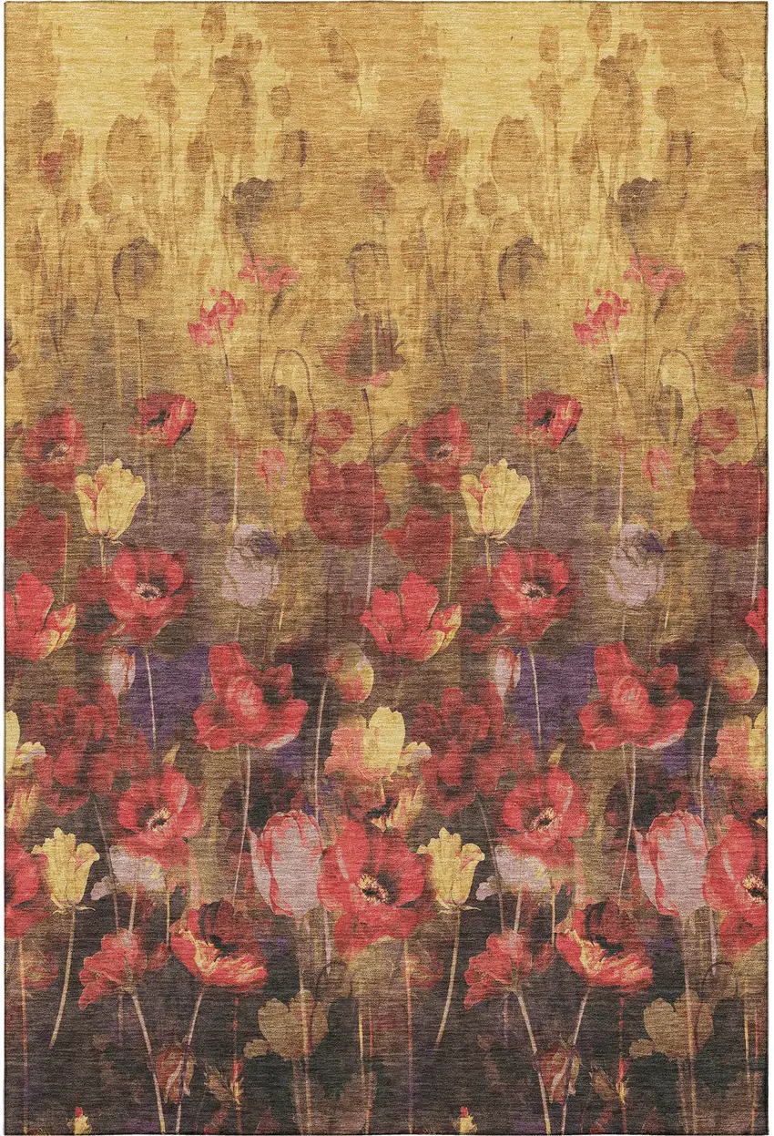 Gold Red And Yellow Floral Washable Area Rug With UV Protection Photo 3