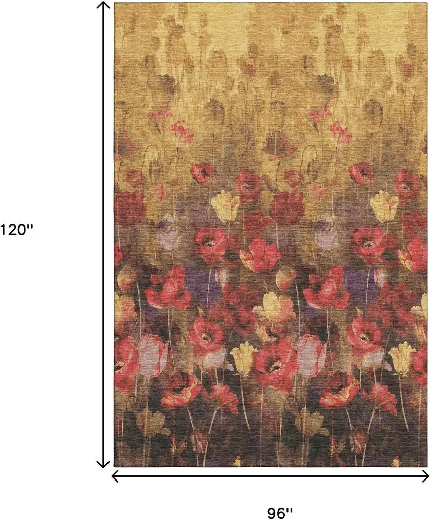 Gold Red And Yellow Floral Washable Area Rug With UV Protection Photo 8