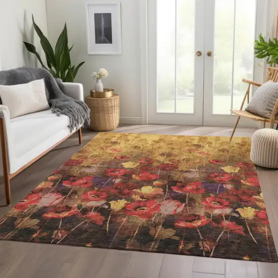 Gold Red And Yellow Floral Washable Area Rug With UV Protection Photo 5