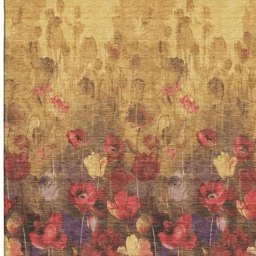 Gold Red And Yellow Floral Washable Area Rug With UV Protection Photo 3