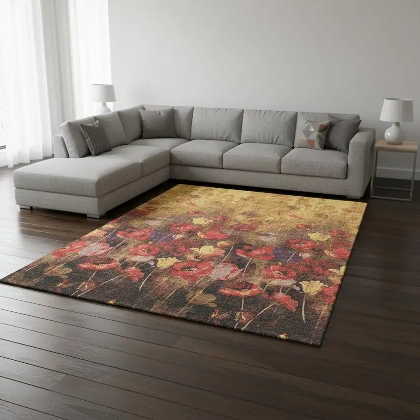 Gold Red And Yellow Floral Washable Area Rug With UV Protection Photo 2