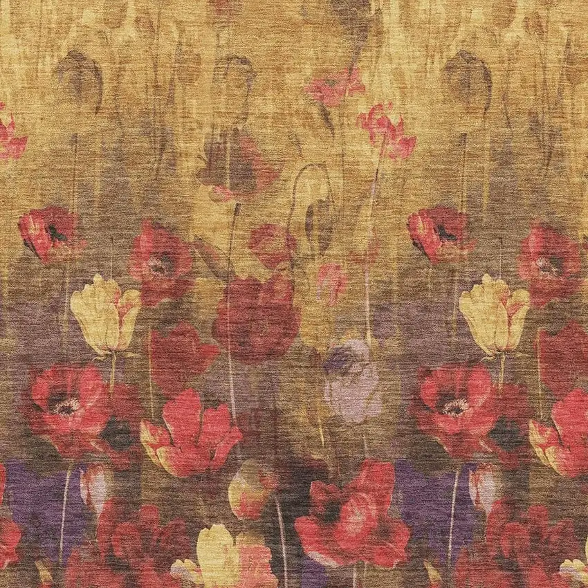 Gold Red And Yellow Floral Washable Area Rug With UV Protection Photo 2