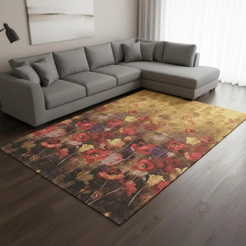 Gold Red And Yellow Floral Washable Area Rug With UV Protection Photo 2