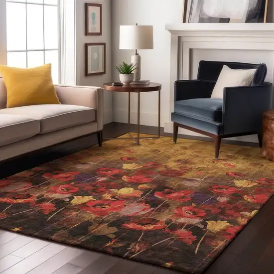 Gold Red And Yellow Floral Washable Area Rug With UV Protection Photo 4