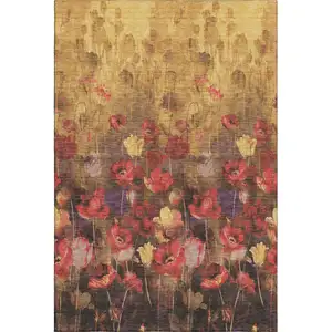 Photo of Gold Red And Yellow Floral Washable Area Rug With UV Protection