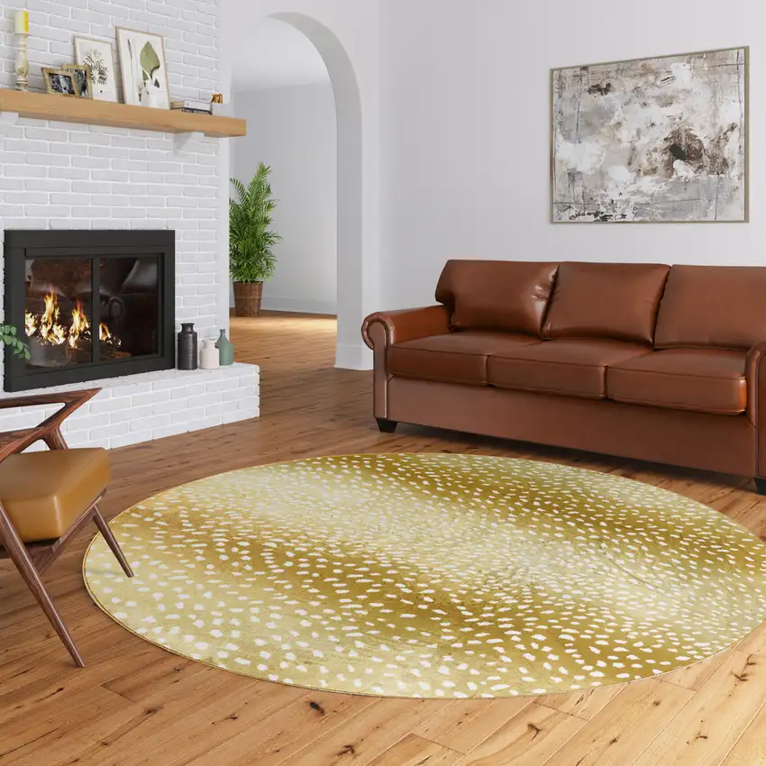 Gold Round Gazelle Print Shag Handmade Non Skid Area Rug Photo 1